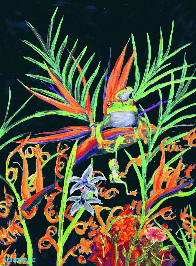 Red Eyed Tree Frogs On Birds Of Paradise Tropical Flowers Black Painting by Ken Figurski