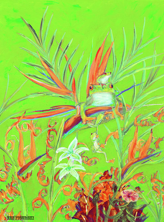 Red Eyed Tree Frogs On Birds Of Paradise Tropical Flowers Green Painting by Ken Figurski