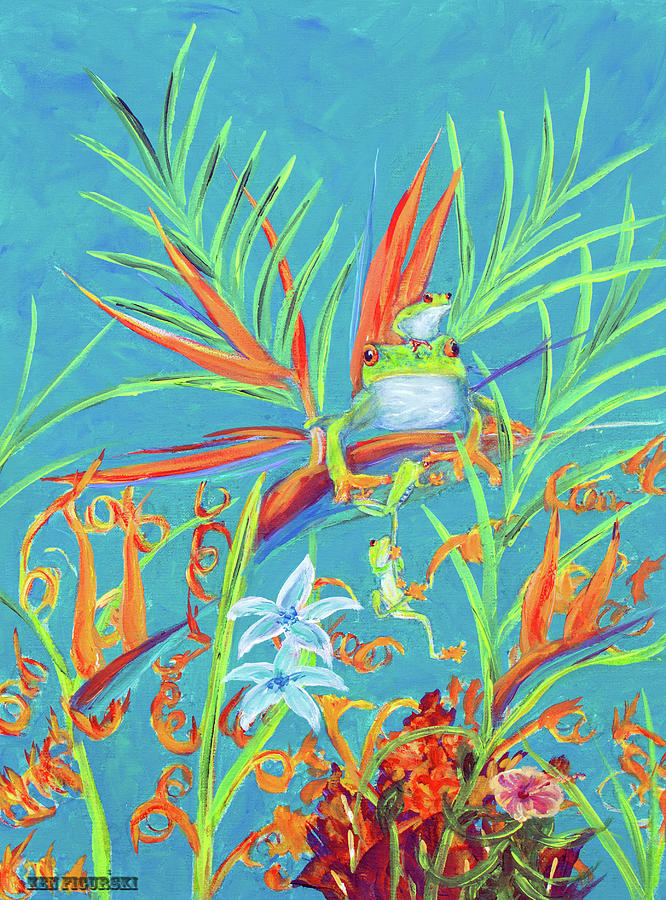Red Eyed Tree Frogs On Birds Of Paradise Tropical Flowers Painting by Ken Figurski