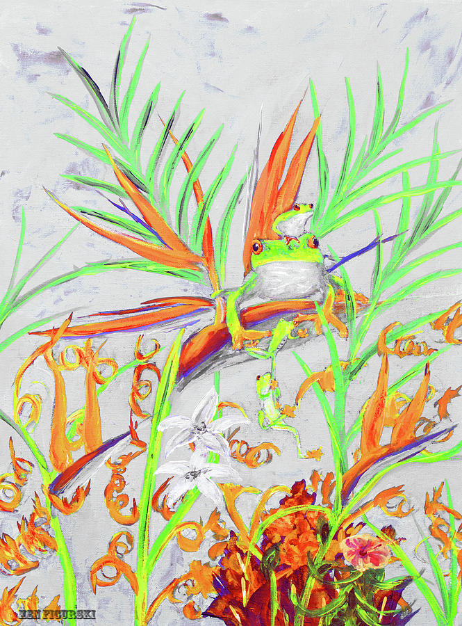 Red Eyed Tree Frogs On Birds Of Paradise Tropical Flowers White Painting by Ken Figurski