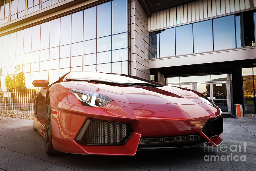 Red fast sports car in modern urban setting. Generic, brandless design Photograph by Michal Bednarek