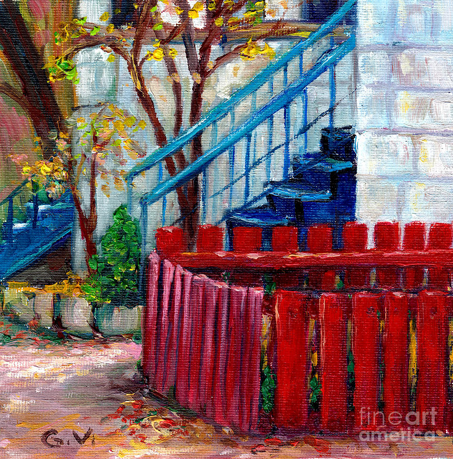 Red Fence Plateau Mont Royal  Montreal Autumn City Scene Canadian Art  Grace Venditti    Painting by Grace Venditti