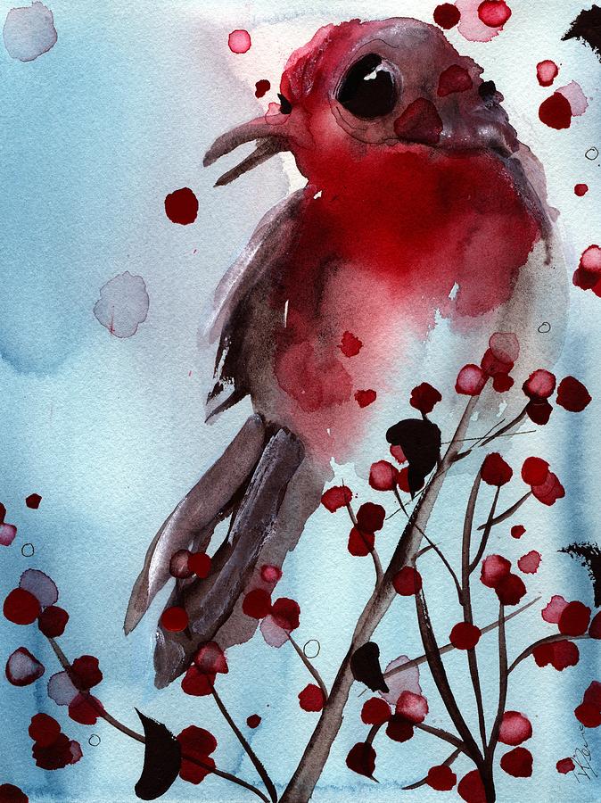 Red Finch in the Winterberry Painting by Dawn Derman