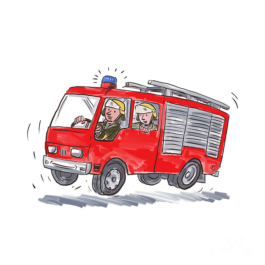 Red Fire Truck Fireman Caricature Digital Art by Aloysius Patrimonio