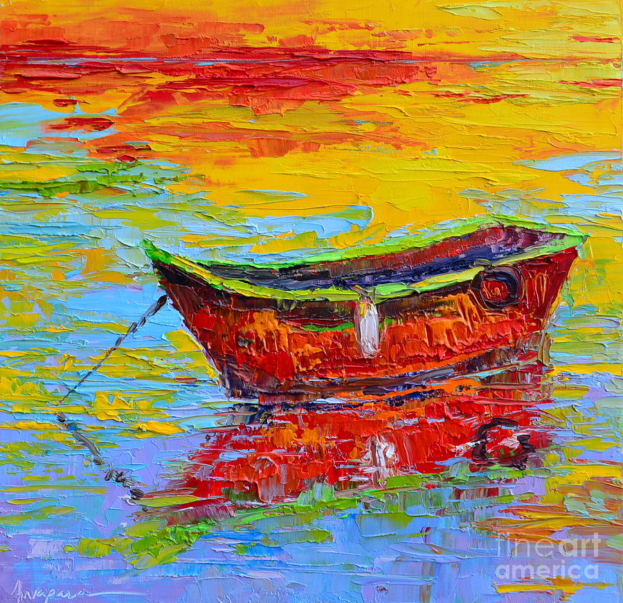 Red Fishing Boat at Sunset - Modern Impressionist Knife Palette Oil Painting Painting by Patricia Awapara