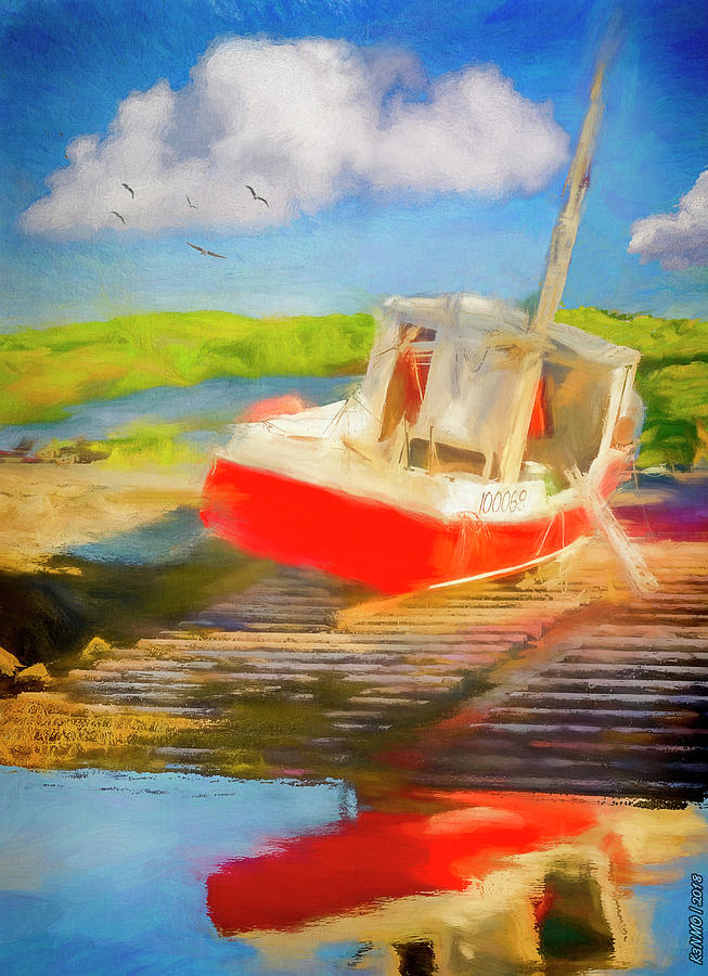 Red Fishing Boat Digital Art by Ken Morris