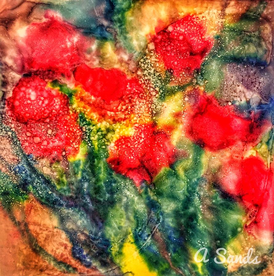 Red Floral Abstract Painting by Anne Sands