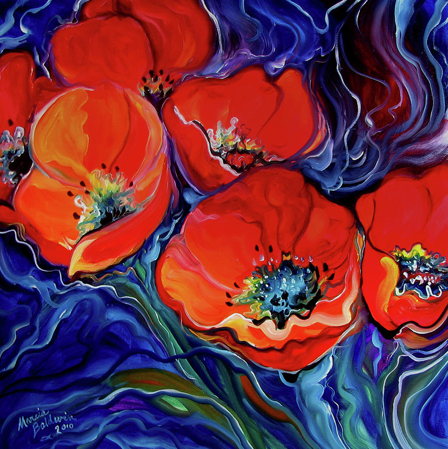Red Floral Abstract Painting by Marcia Baldwin