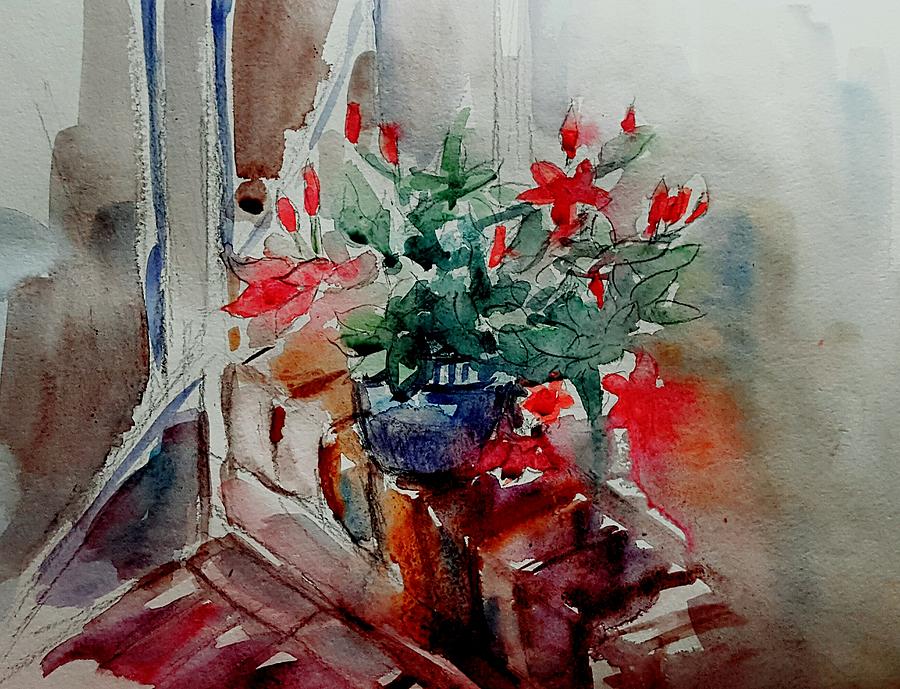 Red flower pot from front door.  Painting by Hae Kim