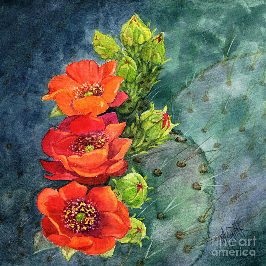 Red Flowering Prickly Pear Cactus Painting by Marilyn Smith