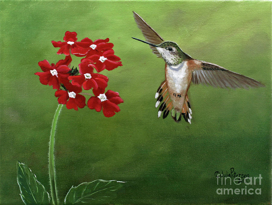 Red Flowers and Hummer Painting by Julie Peterson