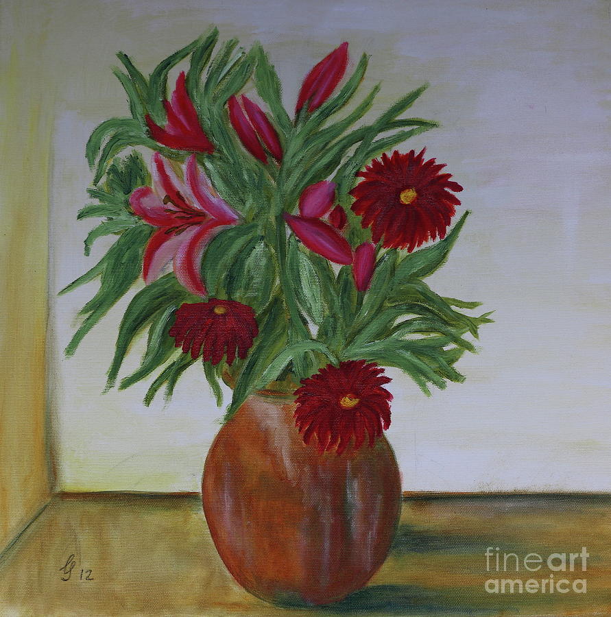 Red Flowers And Lilies  - Oil Painting Painting by Christiane Schulze Art And Photography