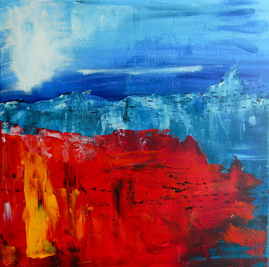 Mountain Painting - Red Flowers Blue Mountains - Abstract Landscape by Eliza Donovan