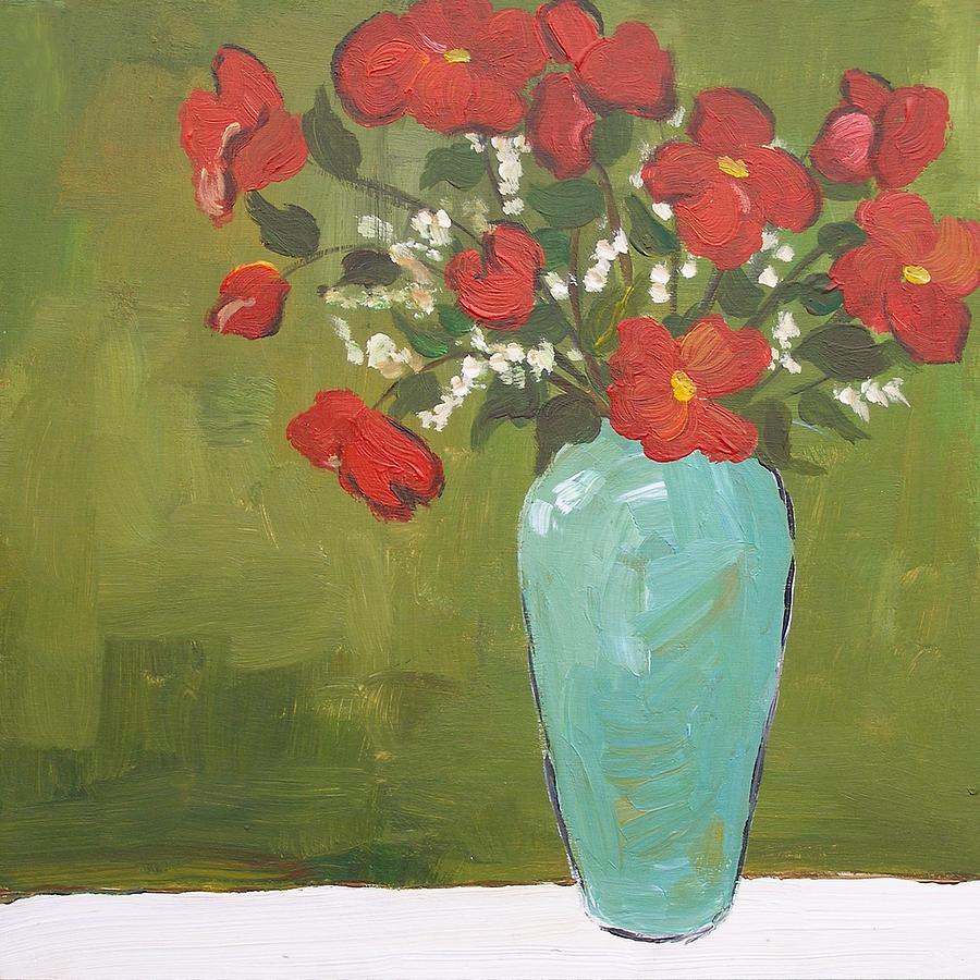 Red flowers blue vase Painting by Wendy Michelle Davis
