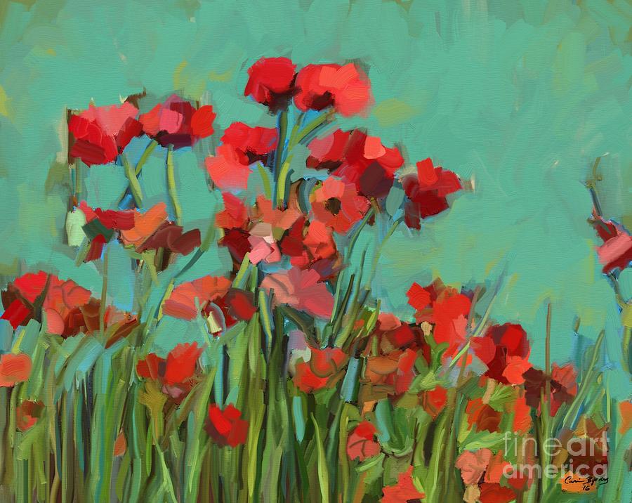 Red Flowers Painting by Carrie Joy Byrnes