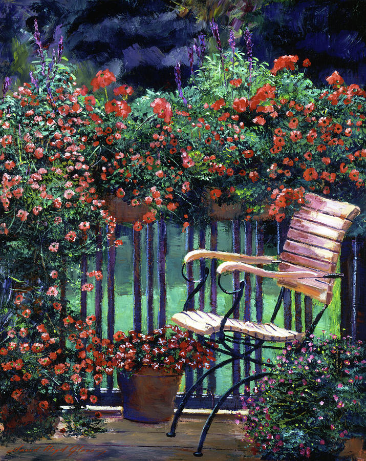 Red Flowers Garden Chair Painting by David Lloyd Glover