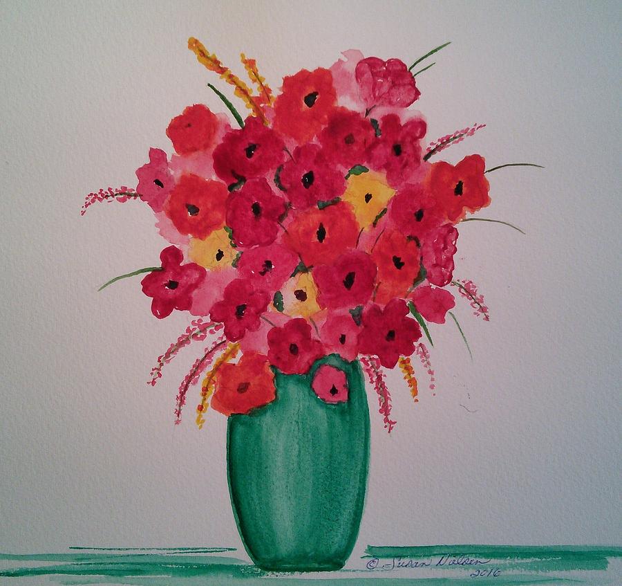 Red flowers in a green vase Painting by Susan Nielsen