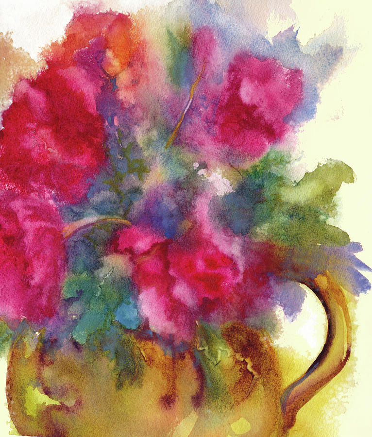 Red Flowers in Gold Vase Painting by Peggy Wilson