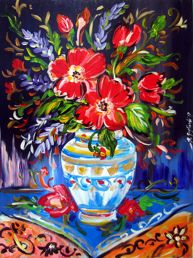 Red Flowers In Vase Painting by Roberto Gagliardi