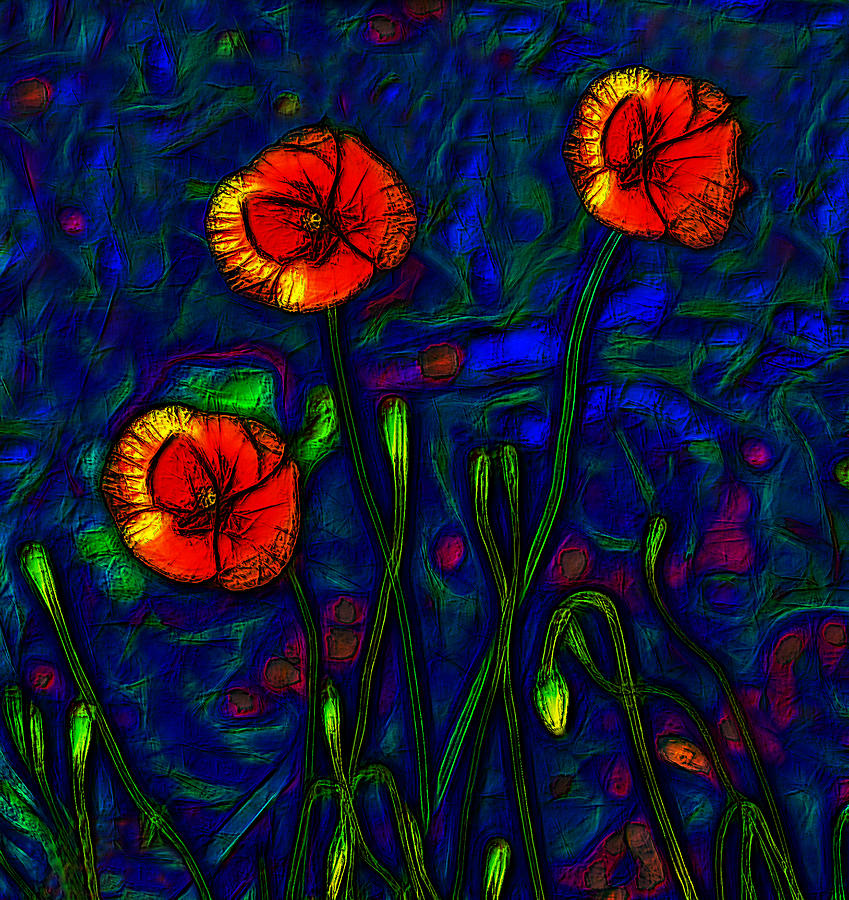 Summer Digital Art - Red Flowers on Blue Background by Jean-Marc Lacombe