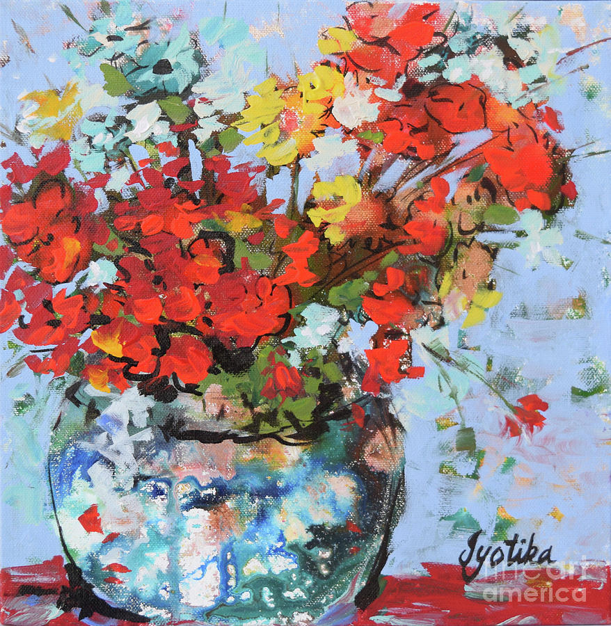 Red Flowers Vase Painting by Jyotika Shroff
