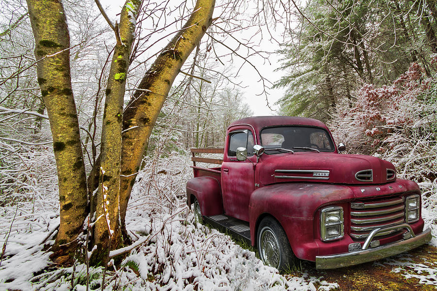 Red Ford Truck in the Snow Photograph by Debra and Dave Vanderlaan