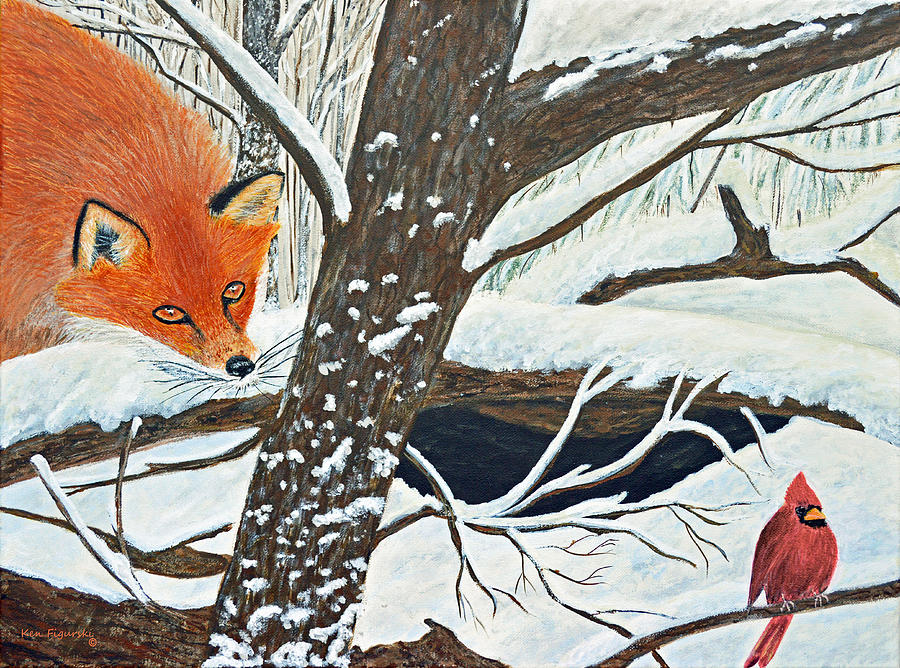 Red fox and Cardinal Painting by Ken Figurski