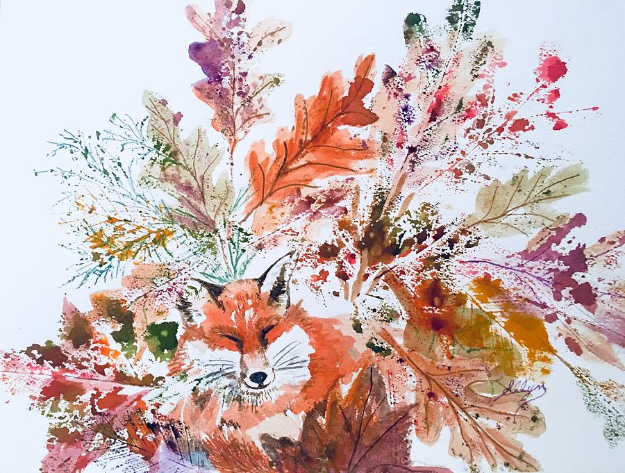 Red Fox Autumn Leaves  Painting by Ellen Levinson