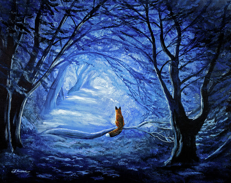 Red Fox in Blue Cypress Grove Painting by Laura Iverson