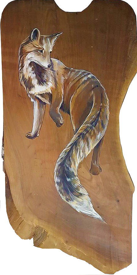 Red Fox on Cherry Slab Painting by Jacqueline Hudson