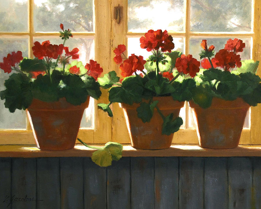 Florals Painting - Red Geraniums Basking by Linda Jacobus