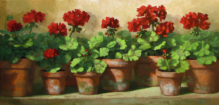 Flower In Pots Painting - Red Geraniums by Linda Jacobus