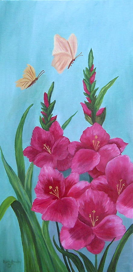 Red Gladiolus And Butterflies Painting by Ruth Housley