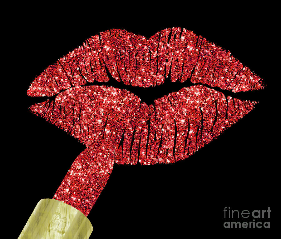 Red Kiss, faux glitter lipstick on pouty lips, fashion art Painting by Tina Lavoie