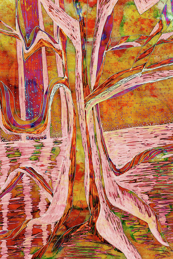 Red-gold Autumn Glow River Tree Painting