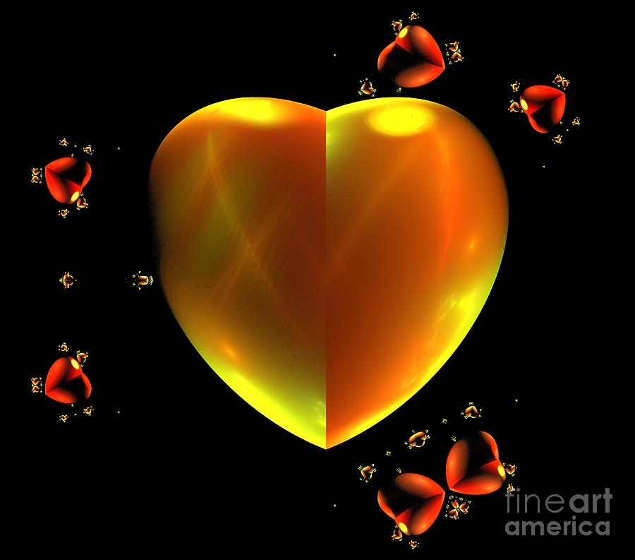 Abstract Digital Art - Red Gold Hearts by Kim Sy Ok