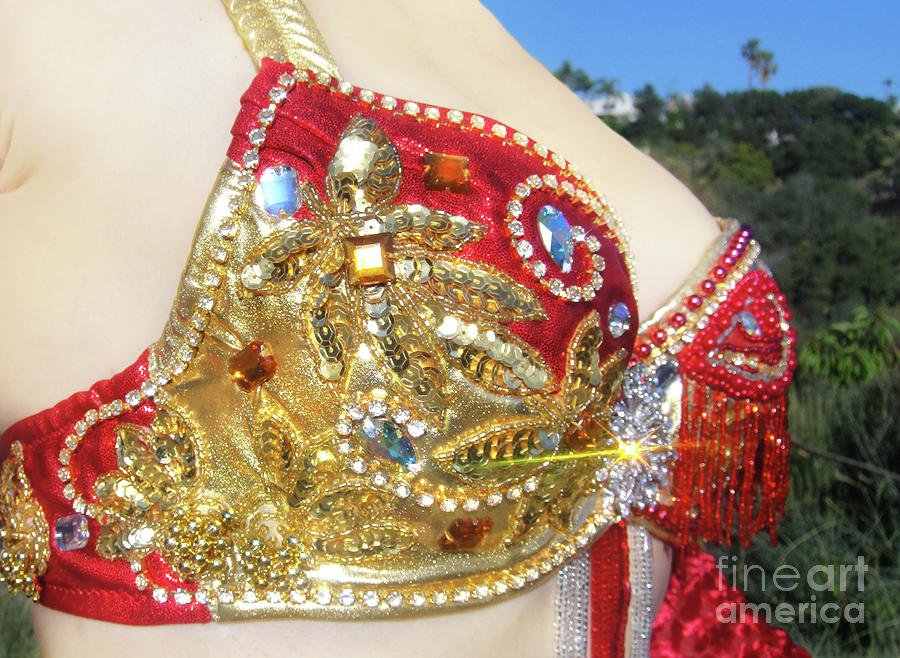Red-gold jeweled bra. Ameynra belly dance fashion by Sofia Goldberg