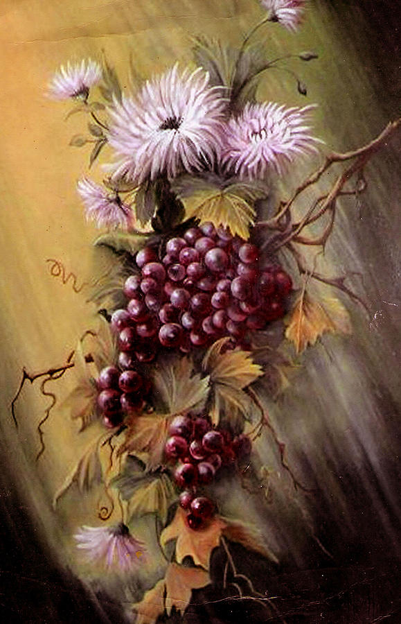 Red Grapes and Flowers Painting by Patricia Rachidi