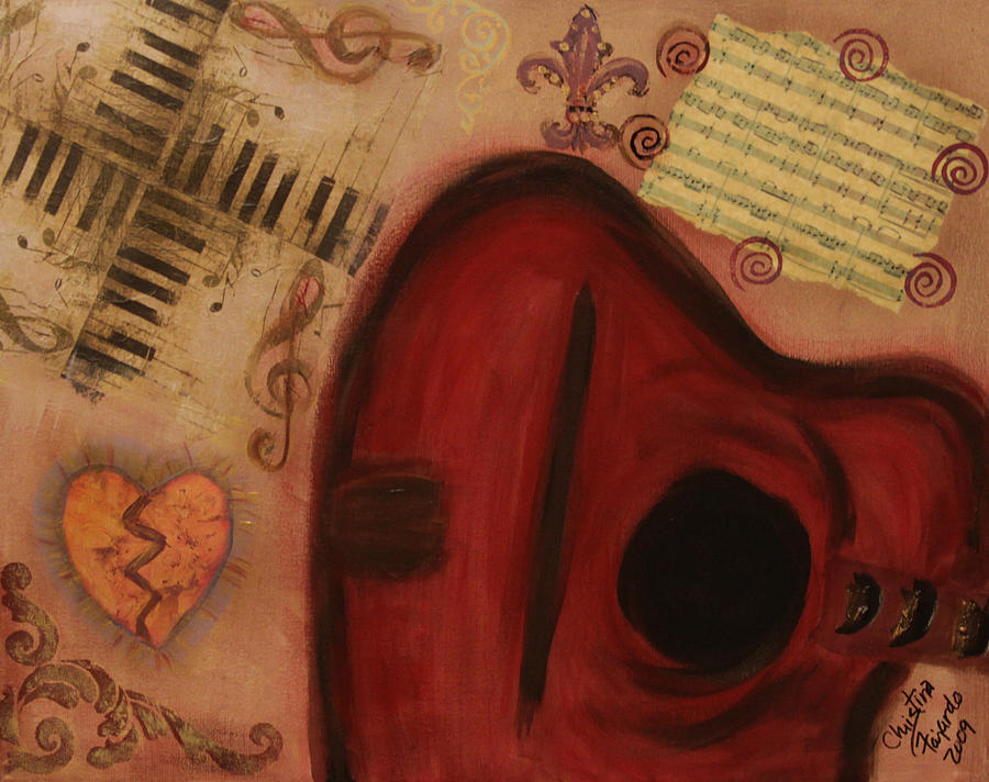Music Painting - Red Guitar Godl Heart by Christina Fajardo
