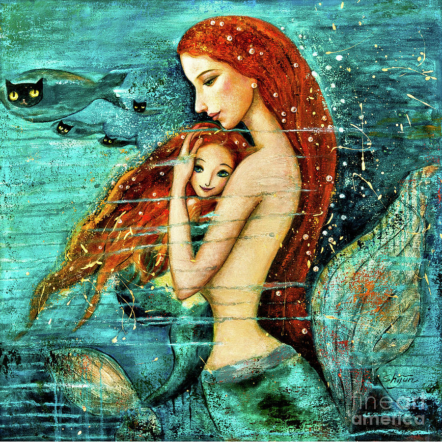 Red Hair Mermaid Mother and Child Painting by Shijun Munns