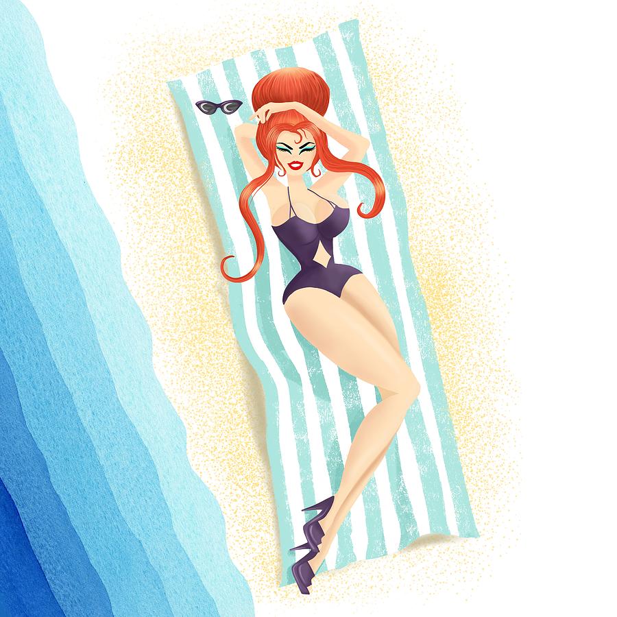 Vintage Painting - Red Haired Bouffant Beach Blanket Bombshell by Little Bunny Sunshine