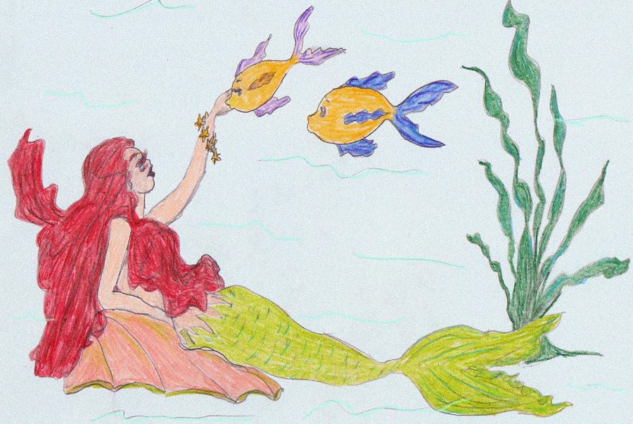 Red Head Mermaid with Pet Fish Drawing by Rosalie Scanlon