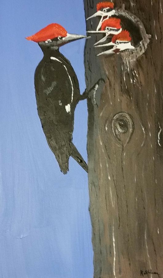 Red headed woodpecker and babies Painting by Kathlene Melvin