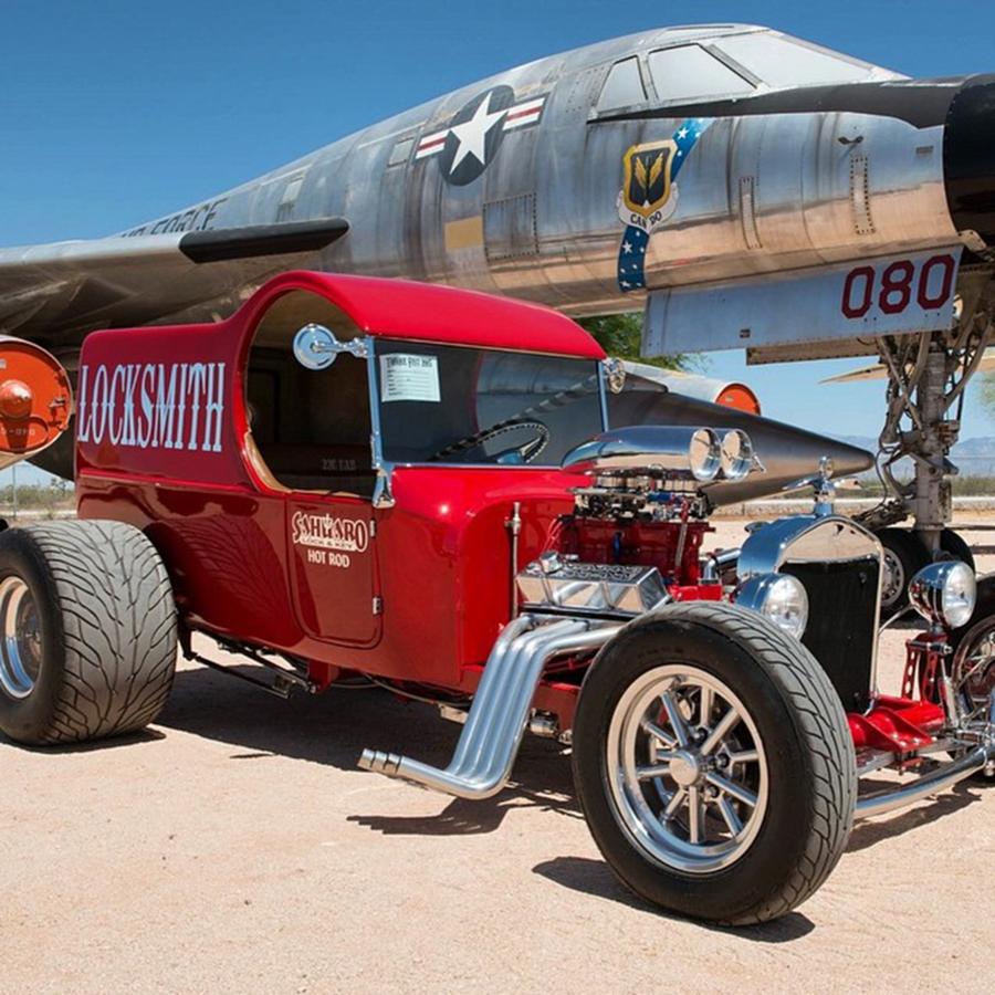 Transportation Photograph - Red Hot Rod Next To Vintage Airplane  by Michael Moriarty