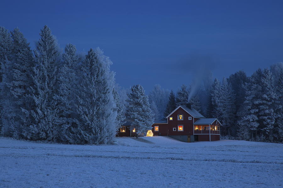 Red house at dusk in wintry forest Photograph by Ulrich Kunst And Bettina Scheidulin