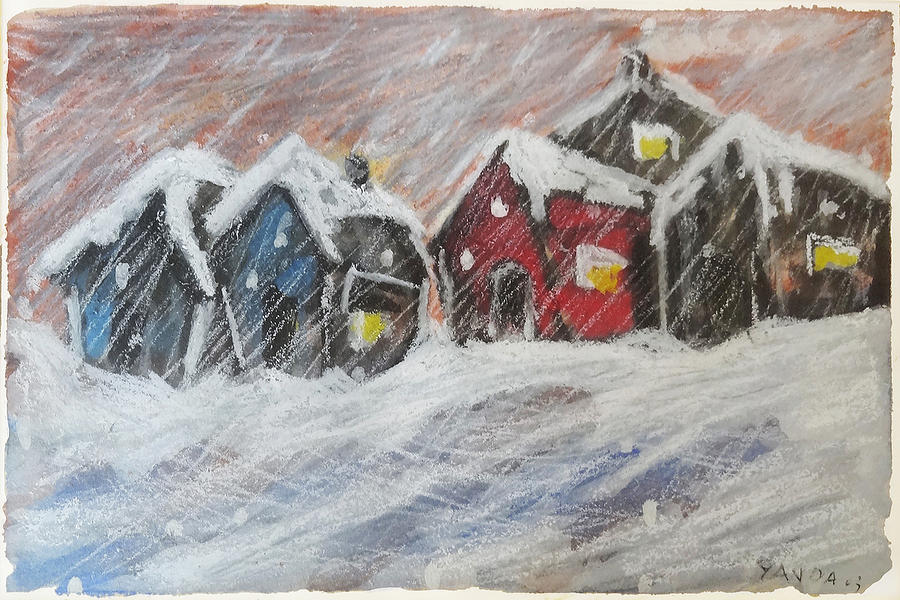Red House in the Snow Pastel by Katt Yanda