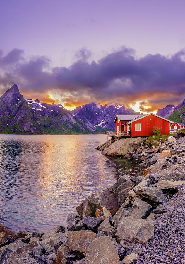 Mountain Photograph - Red hut in a midnight sun by Dmytro Korol