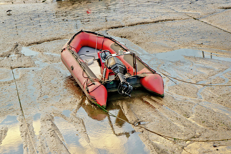 Red Inflatable Boat With Motor In Musselburgh Haven. Photograph