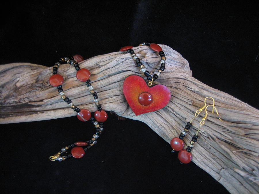 H004 Red Jasper Gourd Wood  heart.   Jewelry by Barbara Prestridge