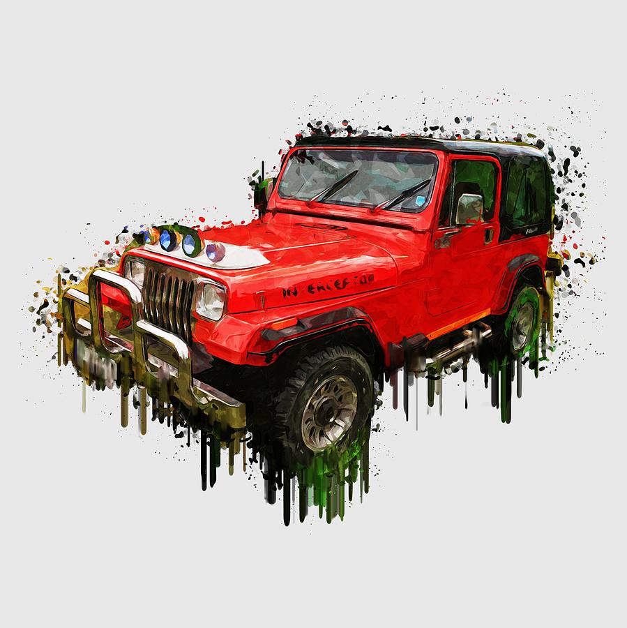 Red Jeep Off Road acrylic painting Painting by Georgeta Blanaru